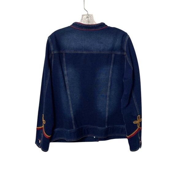 Chico's Zenergy Denim Military Jacket Size 2 = L Stretch Soft Jean Embroidered - Picture 2 of 7